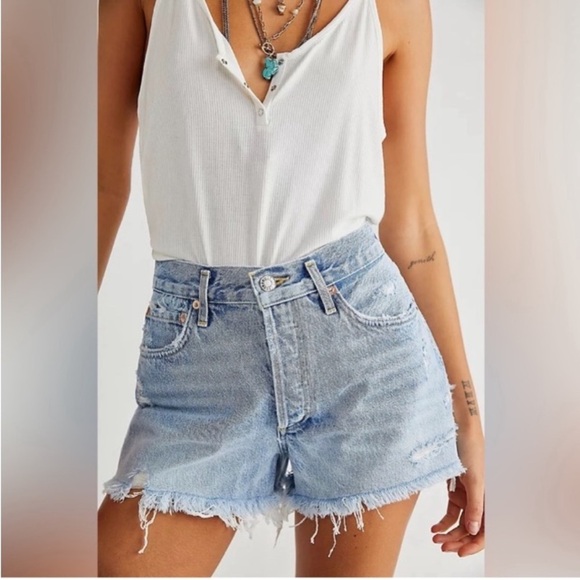 AGOLDE Parker Long Vintage Frayed-Hem Distressed Denim Cut Off Shorts 31 Coastal - Picture 16 of 16